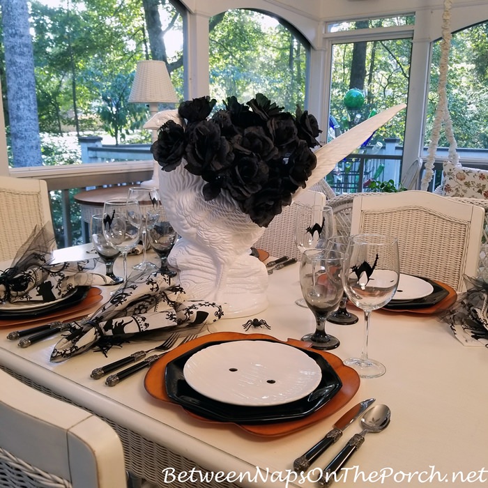 Whimsical Halloween Table with Mummy Salad Plates, Pumpkin Chargers & Black Roses-Spider Centerpiece