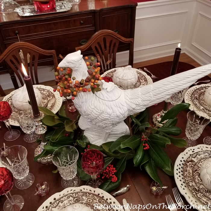 Magnolia & Nandina Pheasant Centerpiece for Thanksgiving