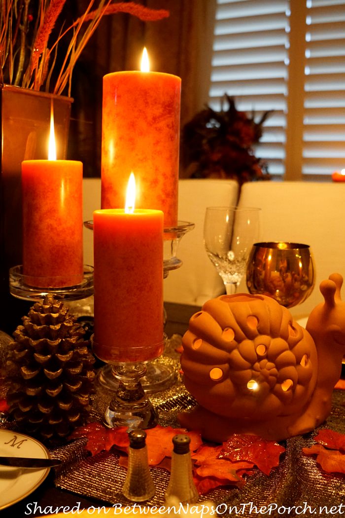 Orange Color candles create harmony for the mix of items, Thanksgiving Table