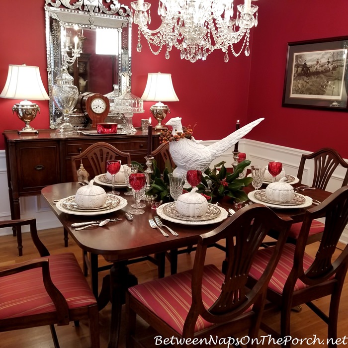 Thanksgiving Table with Magnolia, Nandina Berries & Pheasant Centerpiece