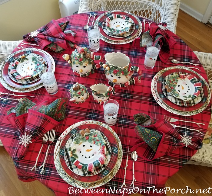 Winter Tablescape in Tartan, Snowman Plates