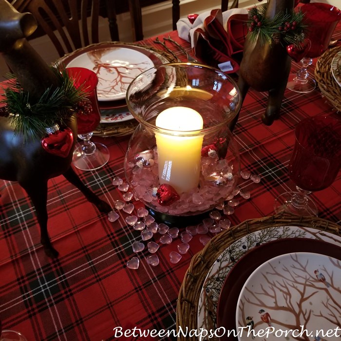 Candlelit Centerpiece for Woodland Themed Valentine's Day Table Setting