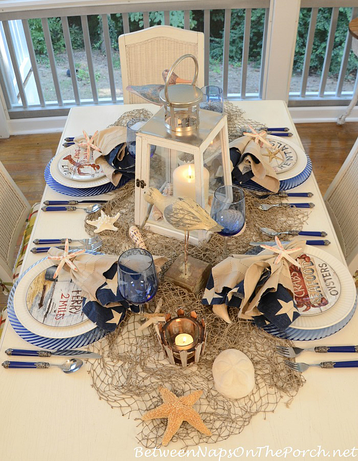 Beach Themed Table with Lighthouse Inspired Centerpiece