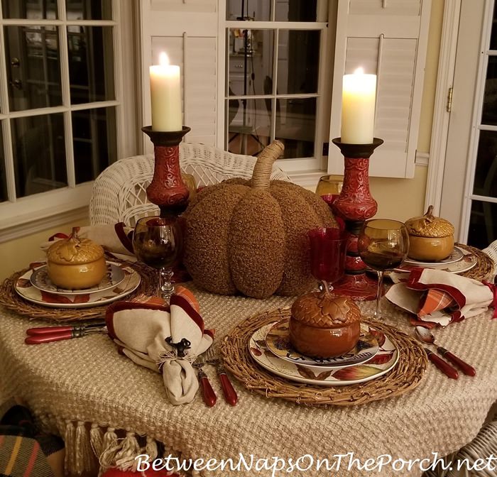 Autumn-Fall Table with a Woolly Throw Tablecloth and a Cozy Pumpkin ...