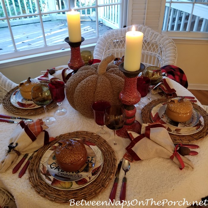 Candlelit Woodsy Table with Woolly Throw Tablecloth