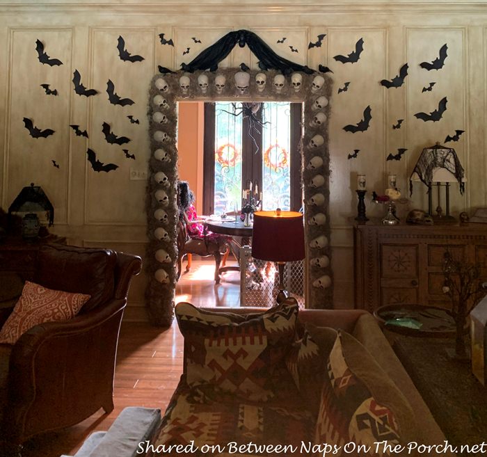 Halloween Doorway with Skulls, Bats on Wall
