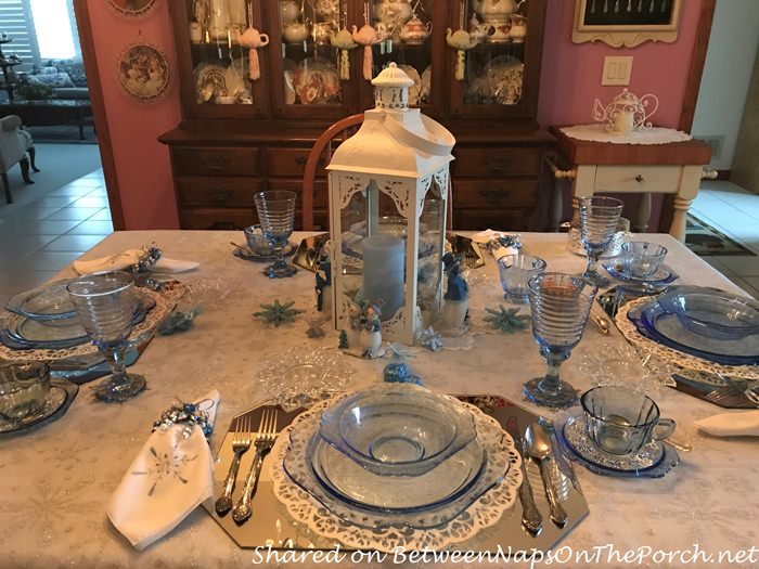 Beautiful Table set with Blue Madrid, Federal Glass Petal