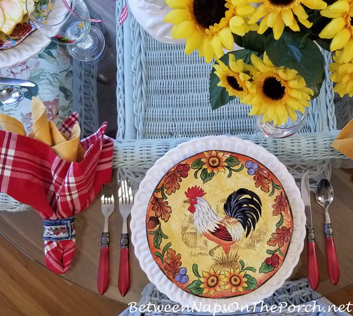 Colorful Rooster Plates in Summer Tablescape