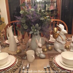 Bunnies in a Spring Table in Neutral Colors with Gold and Silver Accents