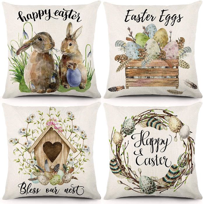 Cojines Easter Spring Season's Throw Pillow Case Rabbit Flowers Cushion Covers 