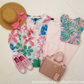 French Rose Jeans, Lilly Pulitzer Shirt, Prada Wicker Bag