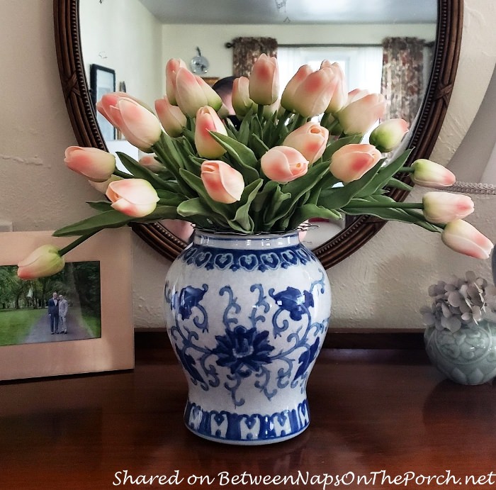 Beautiful Faux Tulips in Blue and White Ginger Jar
