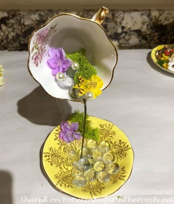 Make Floating Teacup, add moss flowers and pearls