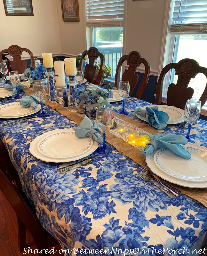 Blue and White Floral Pioneer Woman Tablecloth, Spring Table Setting