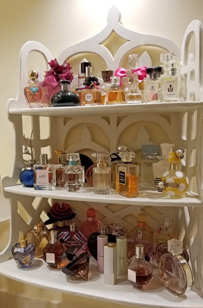 Pretty Perfume Display, Perfumes Displayed on 3-Tier Shelf