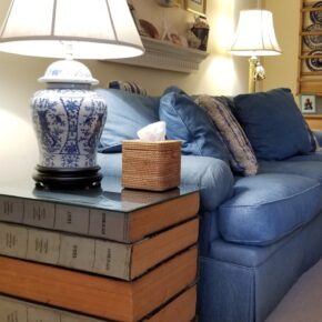 Blue and White Lamp, Denim Sofa