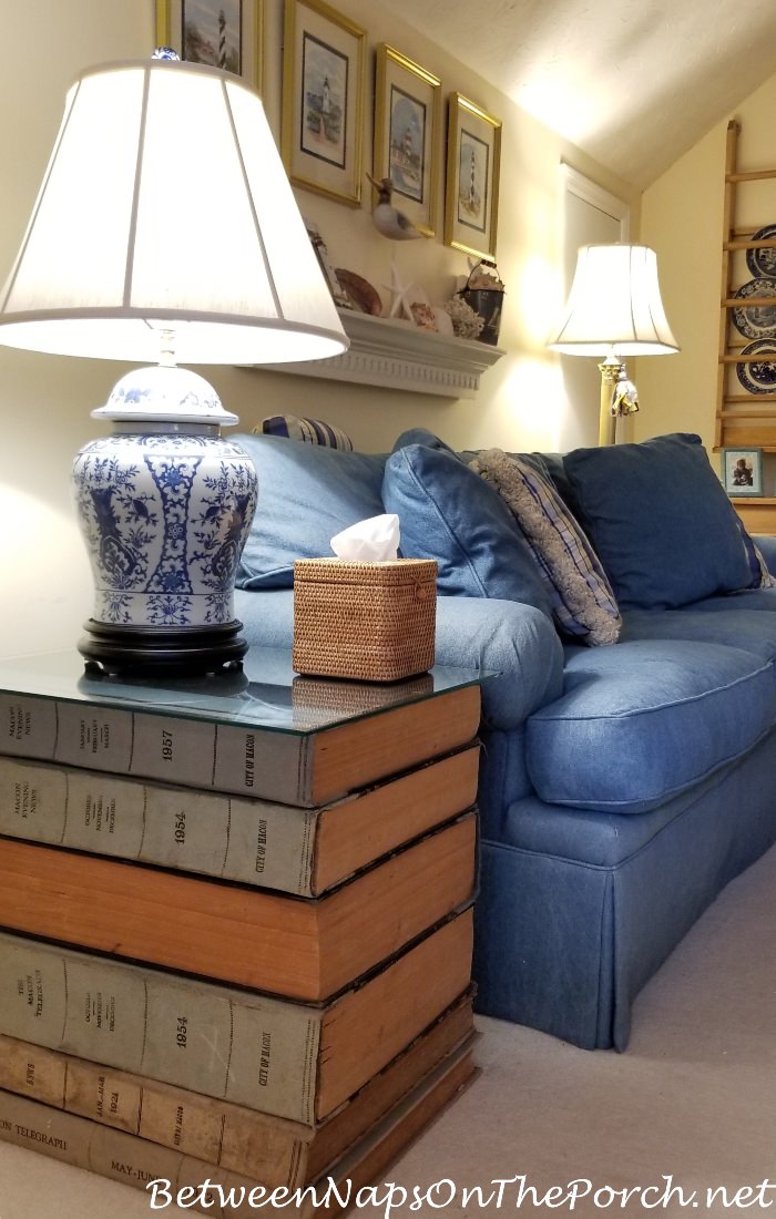 Blue and White Lamp, Denim Sofa
