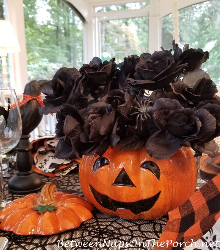 Halloween Pumpkin Centerpiece with Black Roses