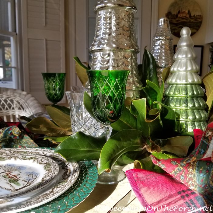 Green Crystal Stemware, Thanksgiving-Christmas Table Setting