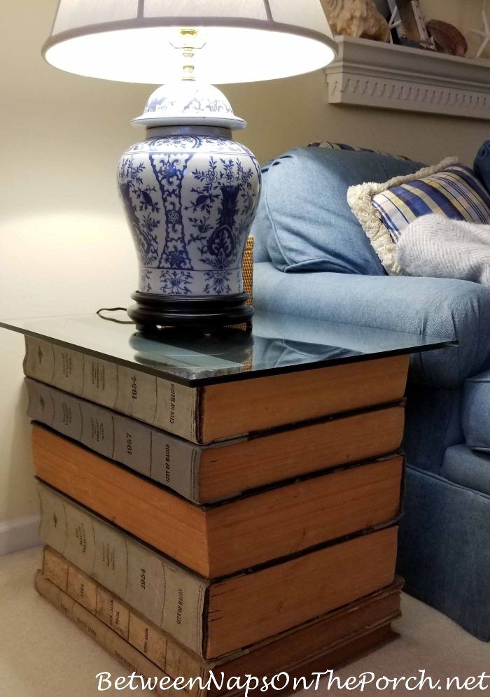 End Table Made from Old Bound Newspapers and Tempered Glass Table Top