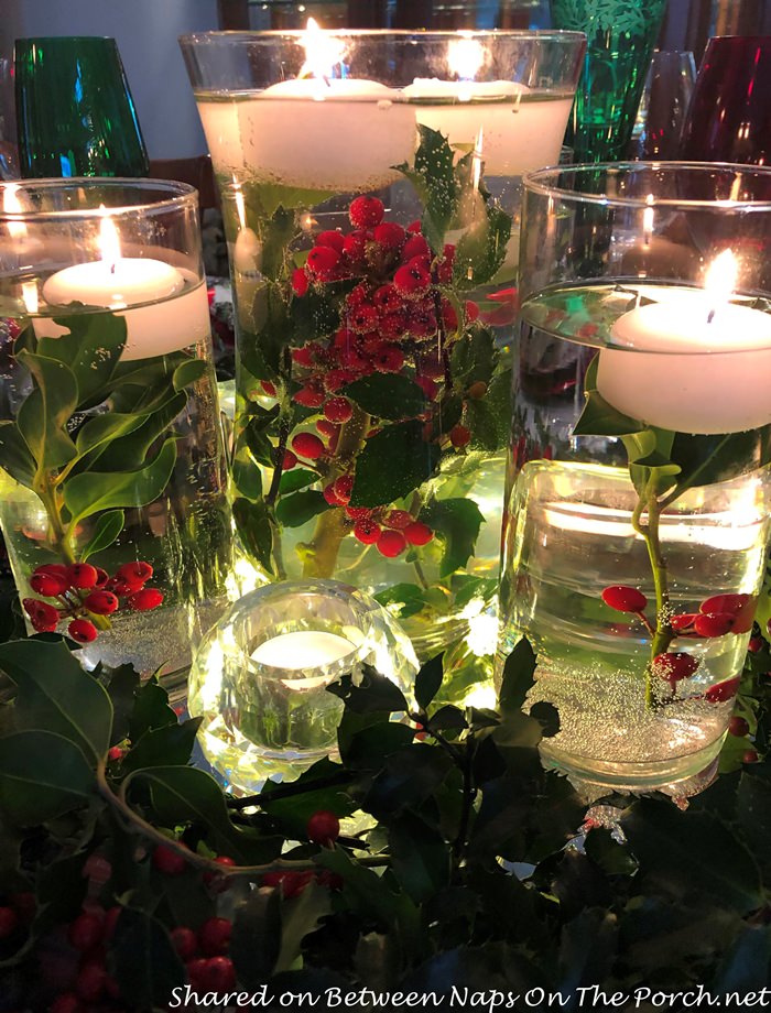 Floating Candle Table Centerpiece with Holly Berries