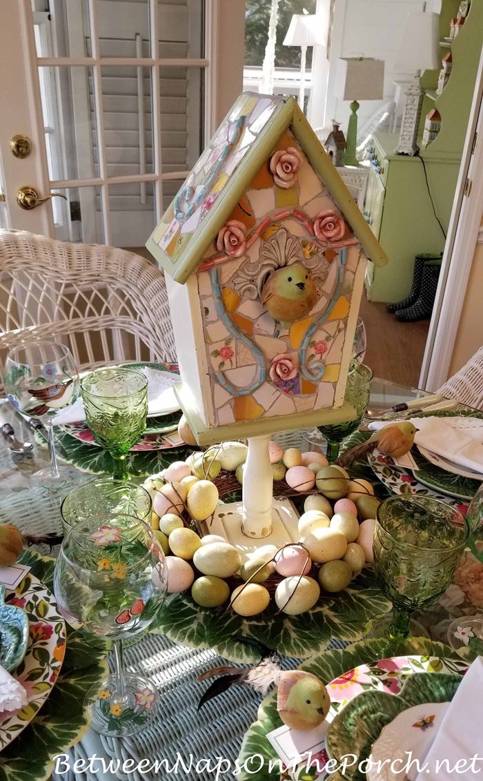 Birdhouse Centerpiece with Egg Wreath
