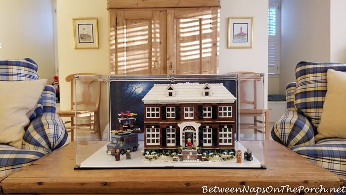 Home Alone Lego House in Wicked Brick Display Case with Moonlight Background