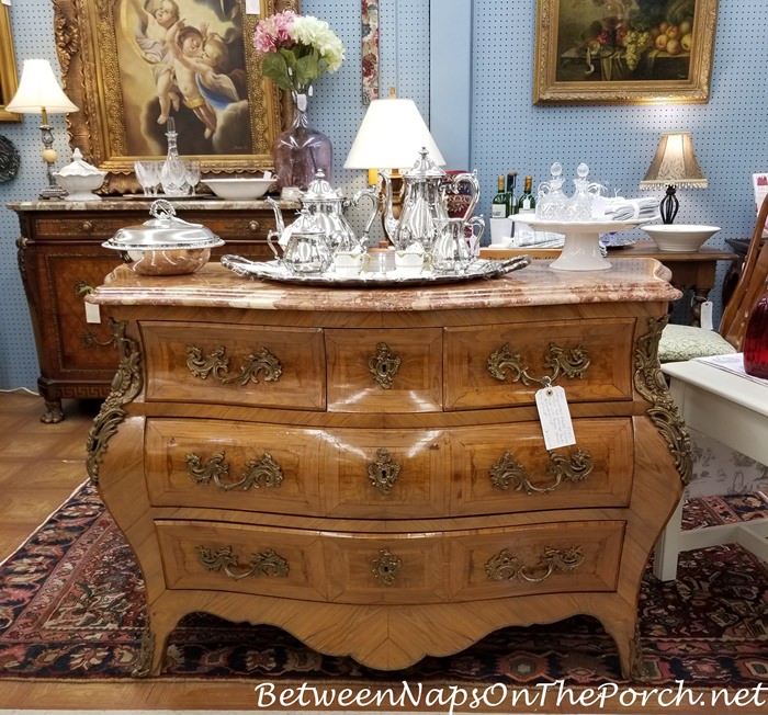 Vintage French Louis XV Style Two over Two Bombe Chest with Bronze Mounts and Marble Top