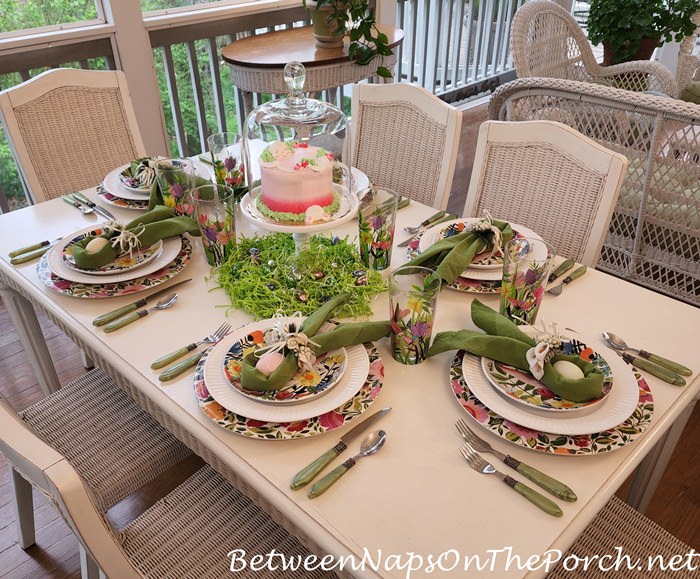 Easter or Spring Table with Bunny Cake Dessert