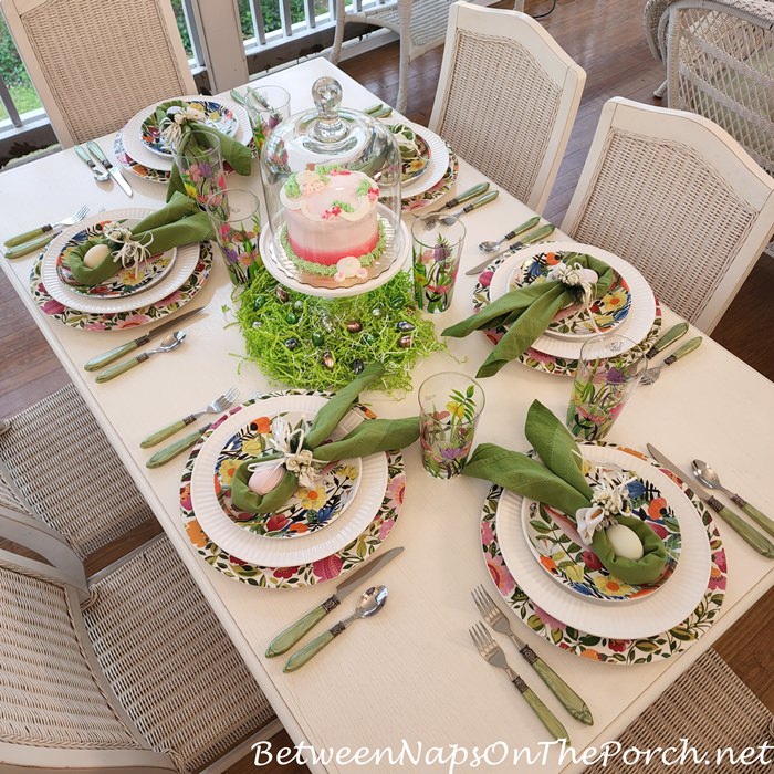 Spring Table, Bunny Cake Centerpiece, Floral Dinnerware