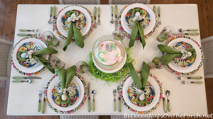 Spring Tablescape with Bunny Napkin Folds and Bunny Cake