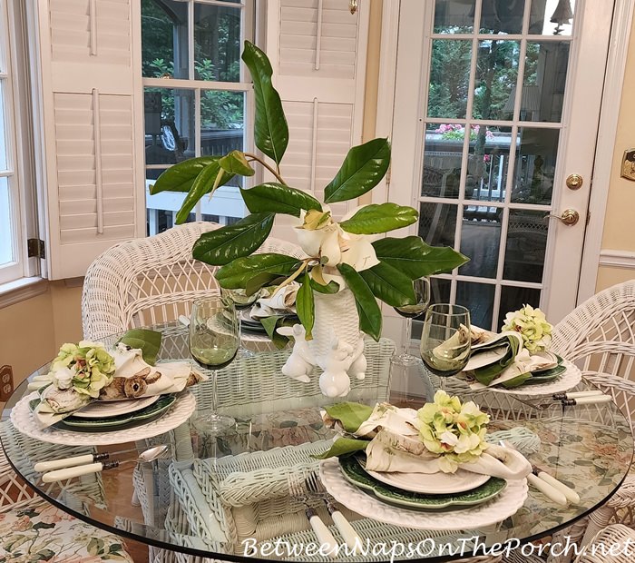 Magnolia Centerpiece, Spring-Summer Table with Bunny Plates