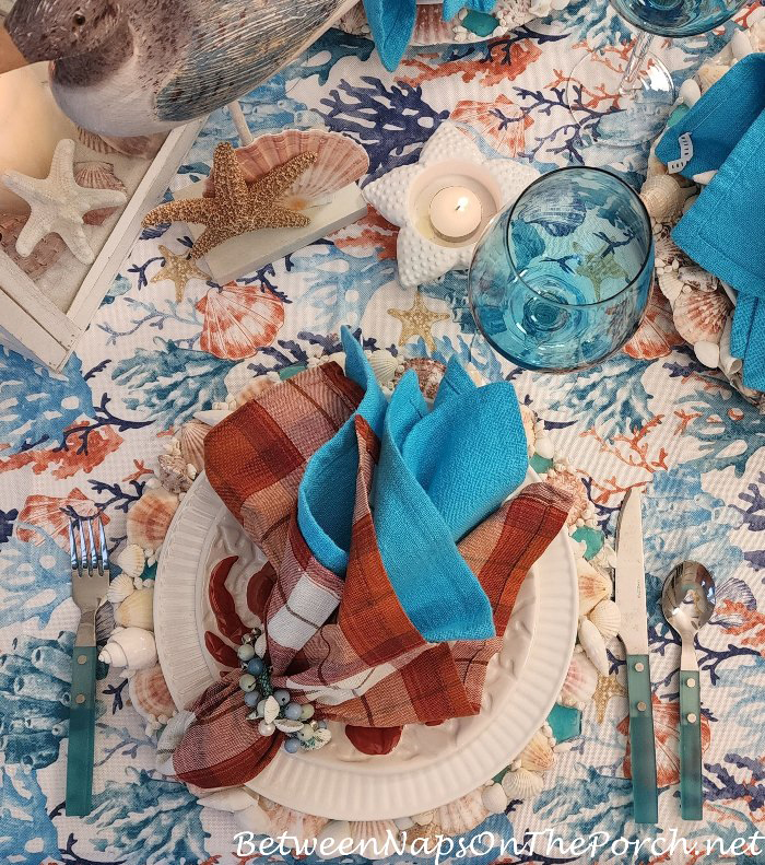Coral & Blue Napkins in Beachy Tablescape