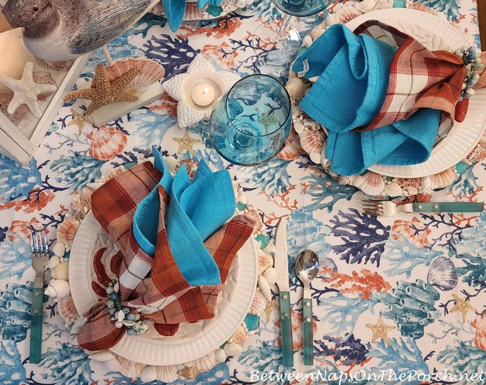 Coral and Blue Napkins and Tablecloth, Beachy Tablescape