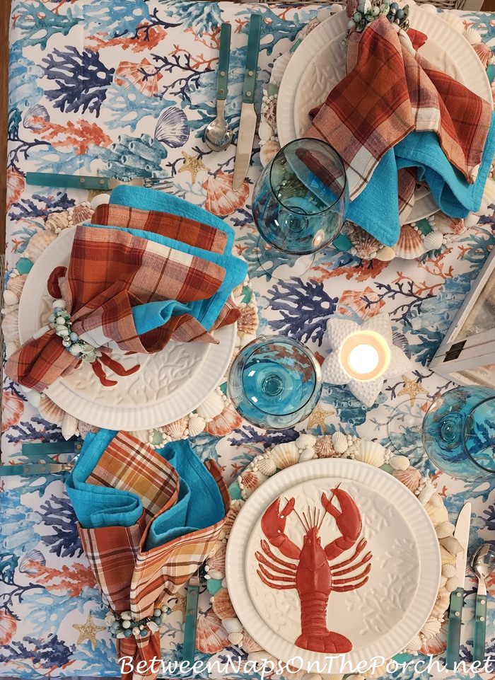 Seaside Themed Table Setting in Coral and Blue Color