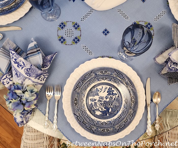 Blue Willow in Blue and White Table Setting, Blue Handstitched Tablecloth