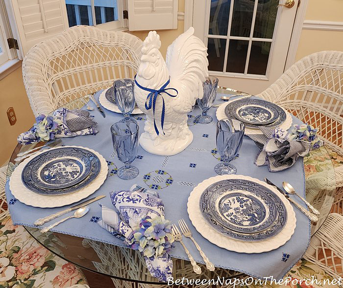 Blue and White Table, White Rooster Centerpiece