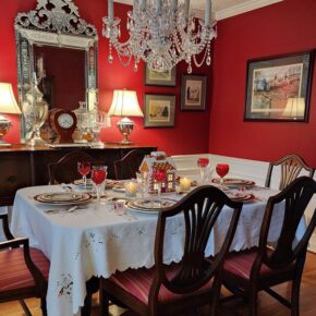 Red Dining Room, Crystal Chandelier, Venetian Glass Mirror