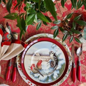 Winter Table Setting with Lenox Winter Greetings Scenic Plates, Downy Woodpecker & House Finches