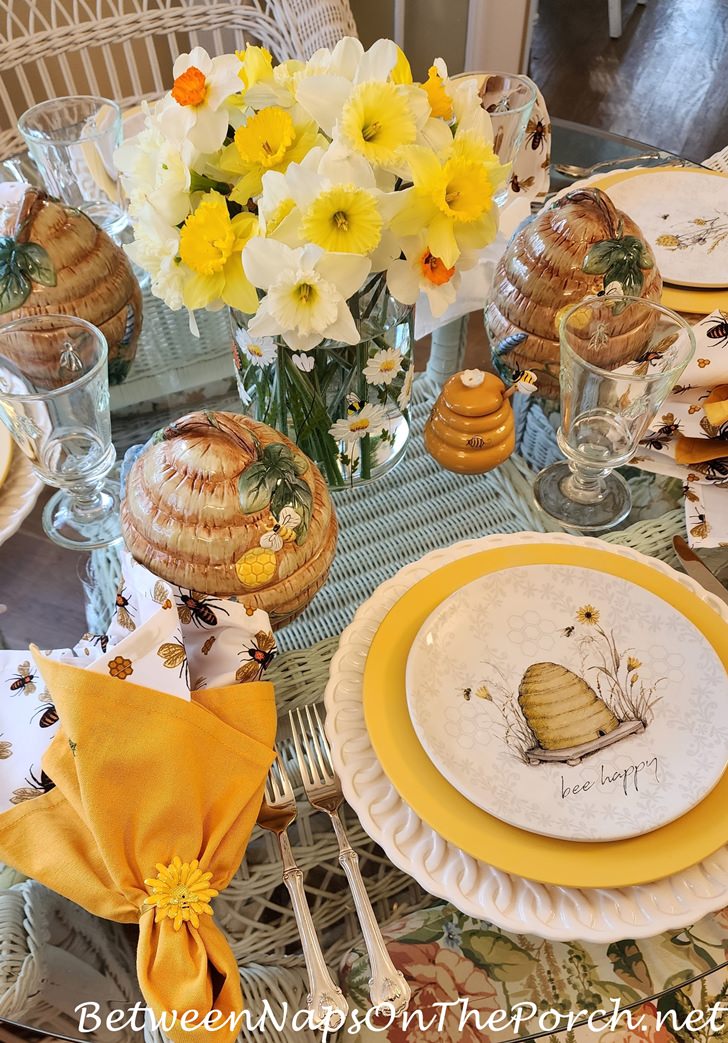 Bee Themed Table with Daffodil Centerpiece