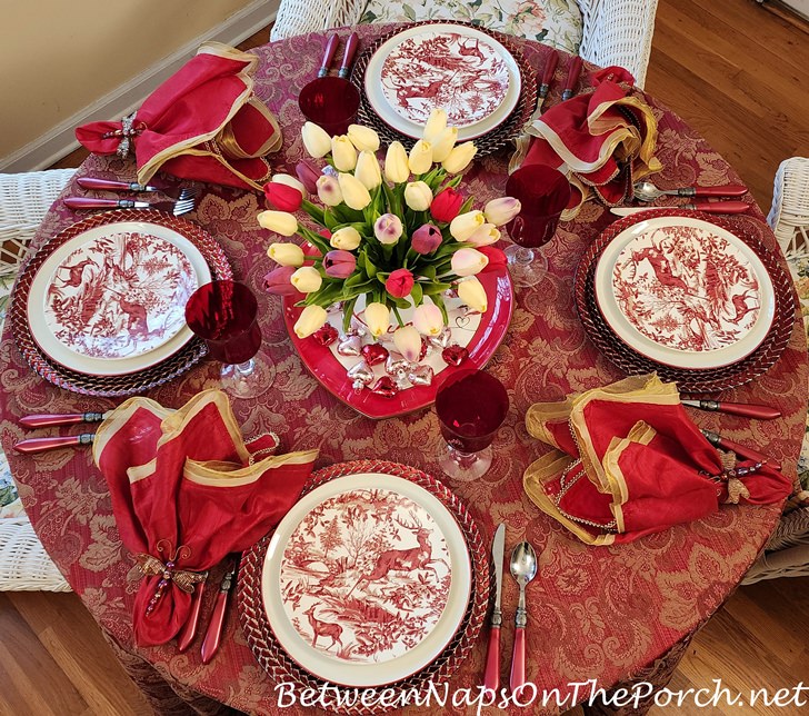 Valentine's Day Table Setting with Tulip Centerpiece, Faux Tulips