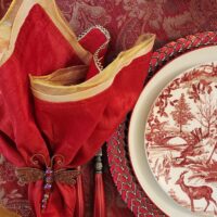 Valentine's Day Table in Red, Red and Gold Chargers, Woodland Salad Plates