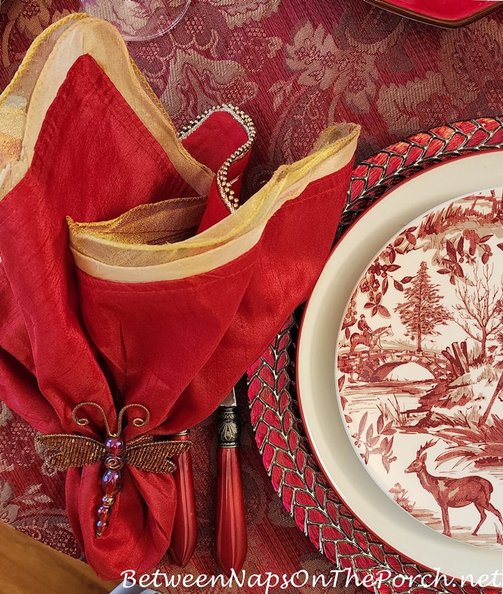Valentine's Day Table in Red, Red and Gold Chargers, Woodland Salad Plates