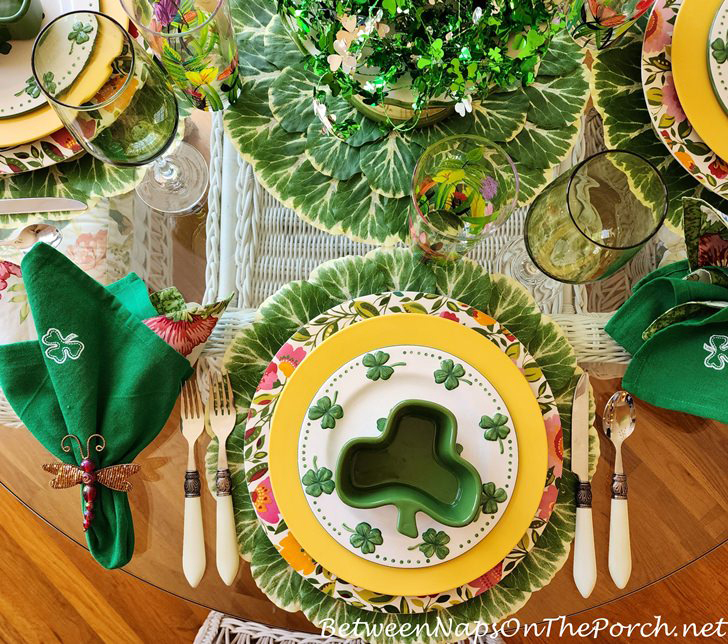 Shamrock and 4-Leaf Plates with Floral Chargers, Shamrock Ramekins