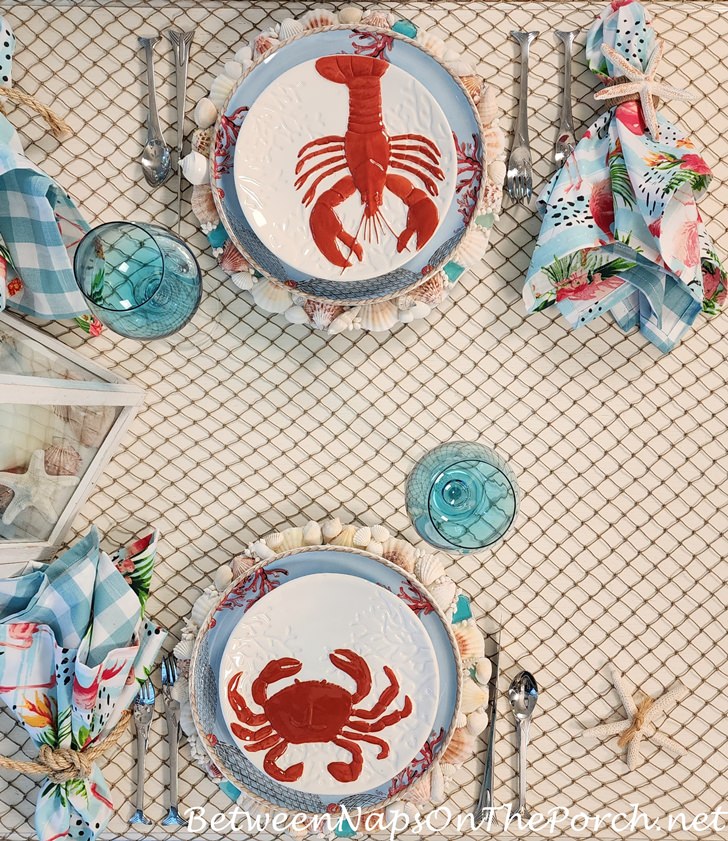 Crab, Lobster Plates, Beachy, Nautical Sea Themed Table Setting