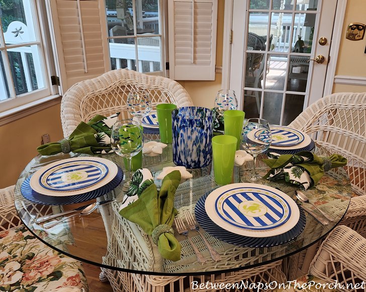 Beach tablescape in blue and chartreuse