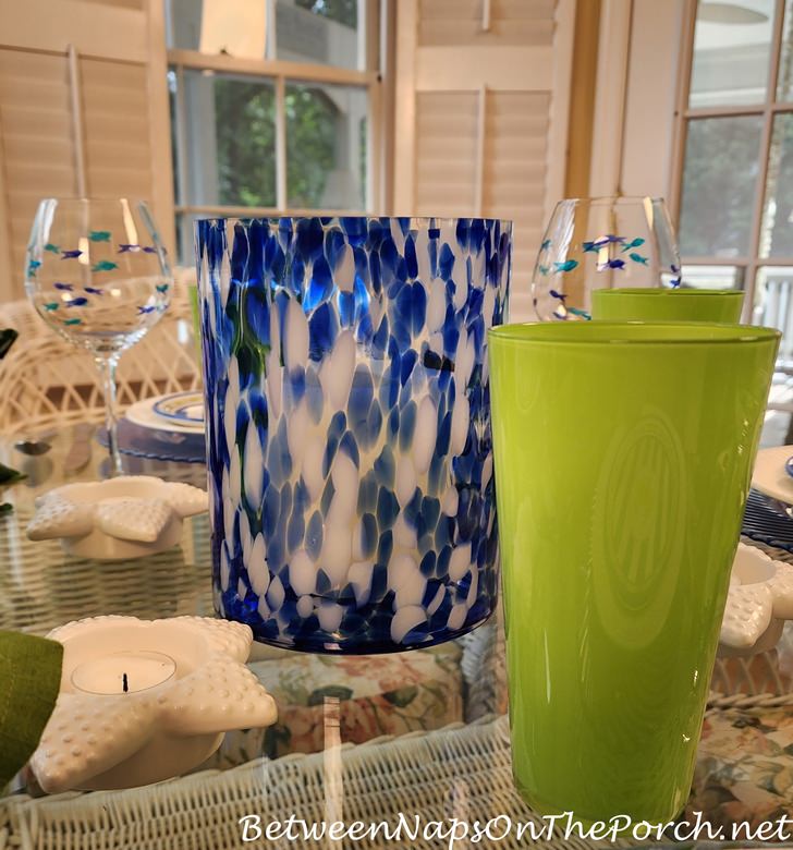 Chartreuse Glasses, blue and white centerpeice