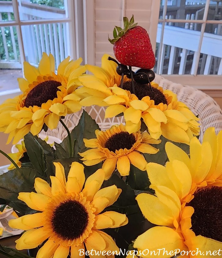 Sunflower Centerpiece with Naughty Ant Taking a Strawberry
