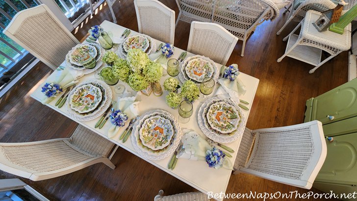 Outdoor Porch Dining, Summer Table Setting, Limelight Hydrangeas