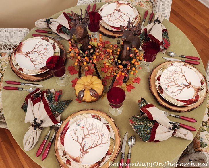 Autumn Fall Table with Deer, Bird Woodland Salad Plates